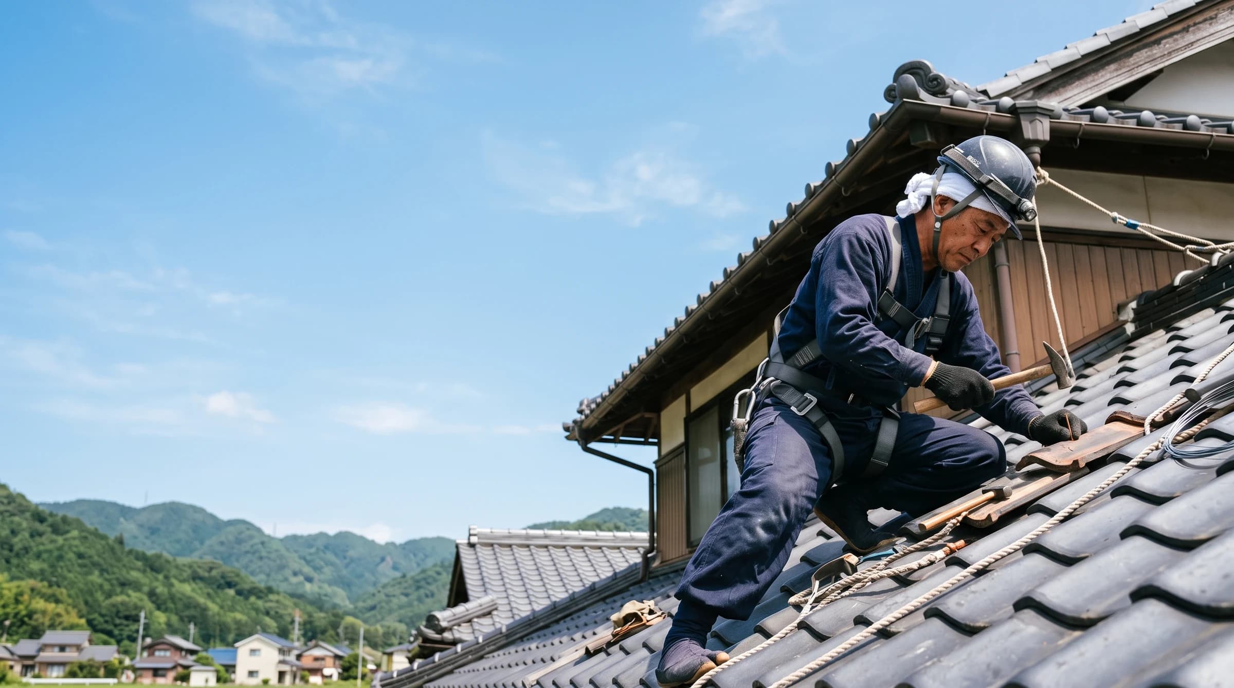 職人が住宅の屋根で修繕作業をしている様子