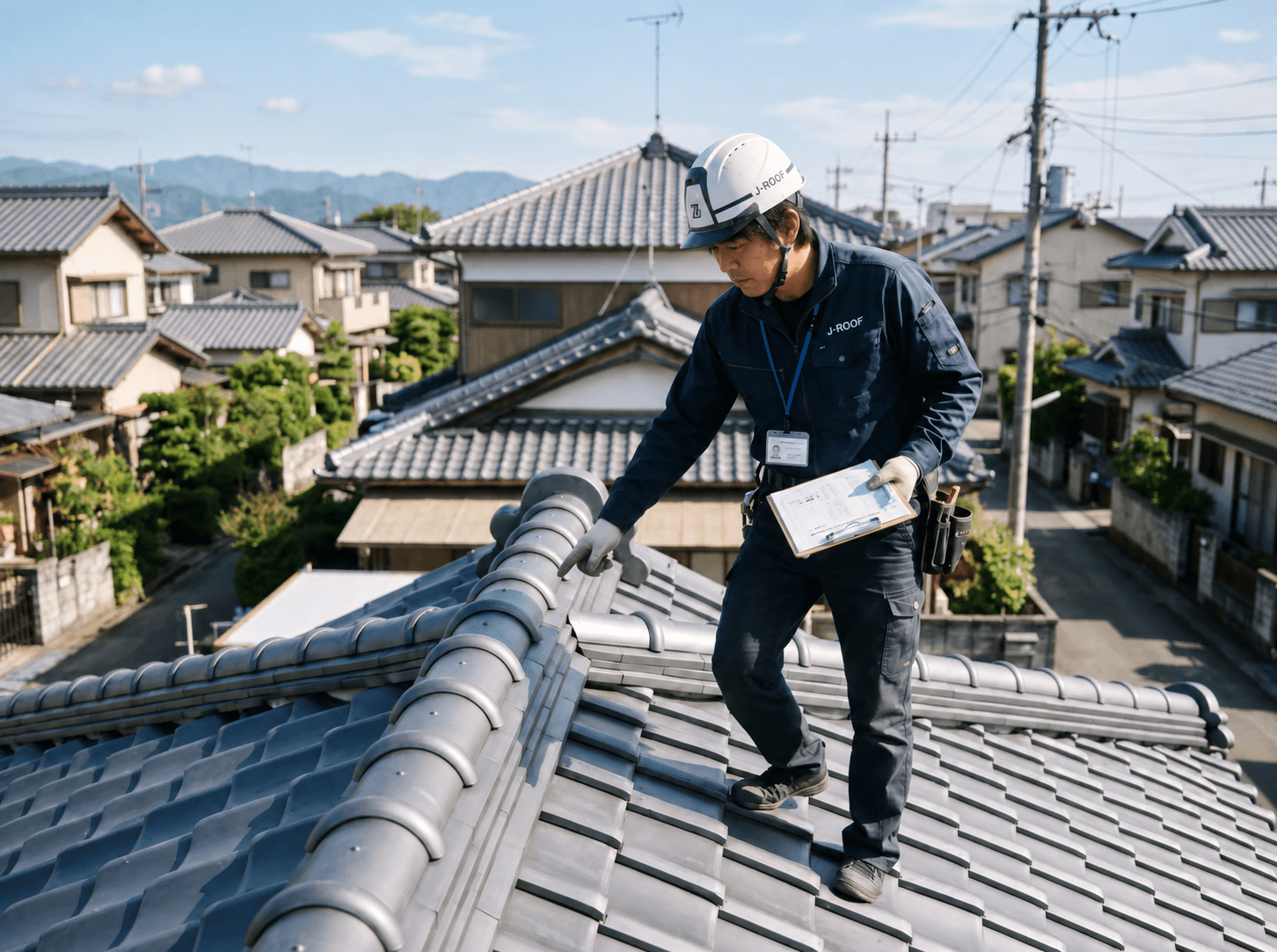 施工後の屋根を点検する職人