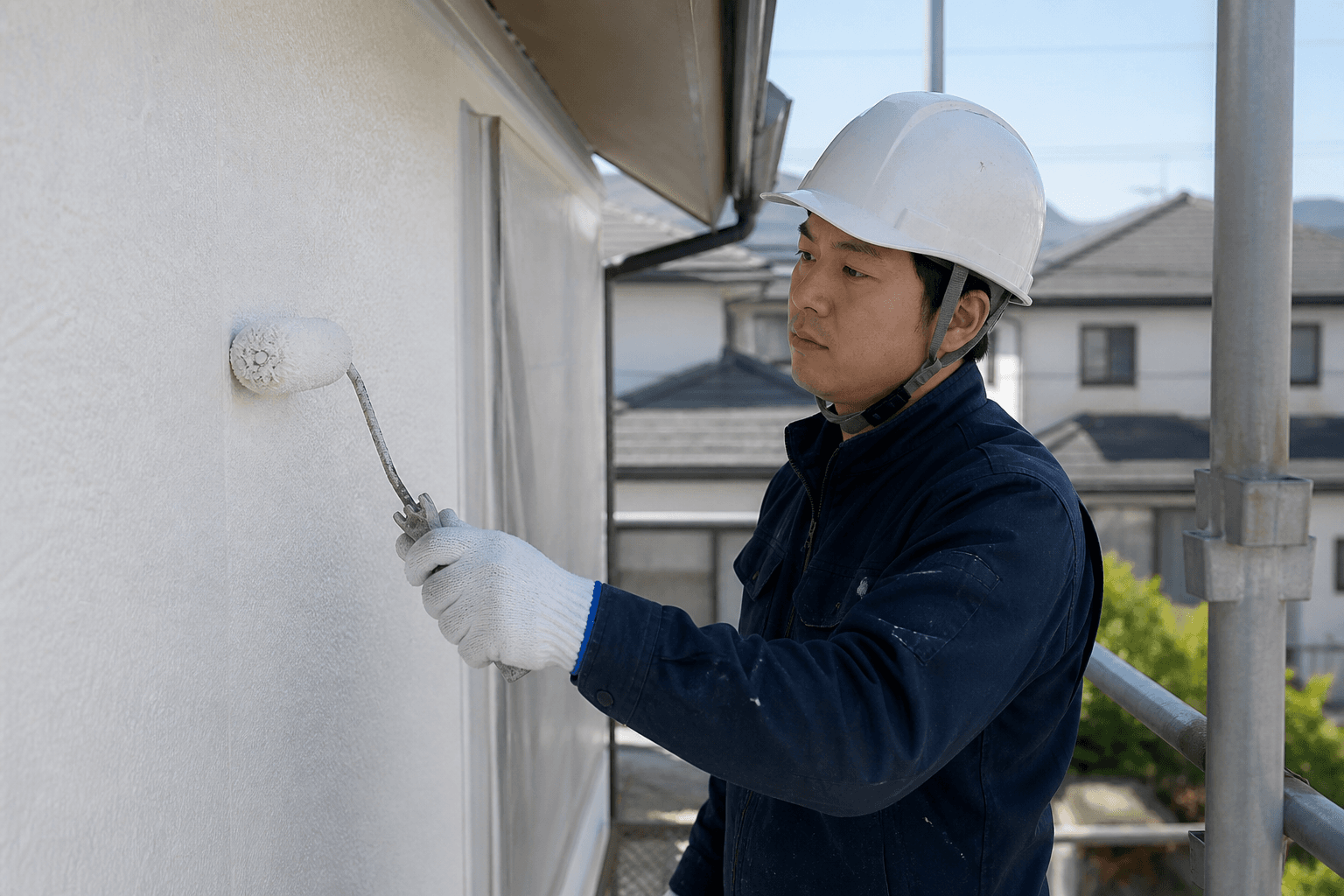 職人が住宅の外壁に塗装作業をしている様子
